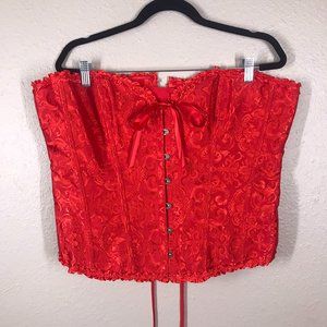 Red Brocade Boned Lace-up Ribbon Adjustable Corset